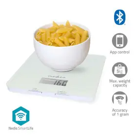 Nedis KASC800WTW bílá / Kuchyňská váha SmartLife / max. hmotnost 5 kg / Bluetooth / Plast / Sklo 
