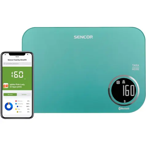 SENCOR SKS 7071GR tyrkysová / chytrá kuchyňská váha / max. 5kg / funkce TARA / Bluetooth 