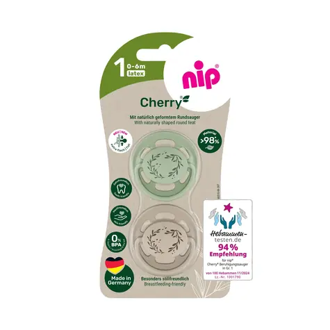 NIP CHERRY NATURE line Šidítko kaučuk velikost 1 (0-6m) zelená/hnědá 2ks 