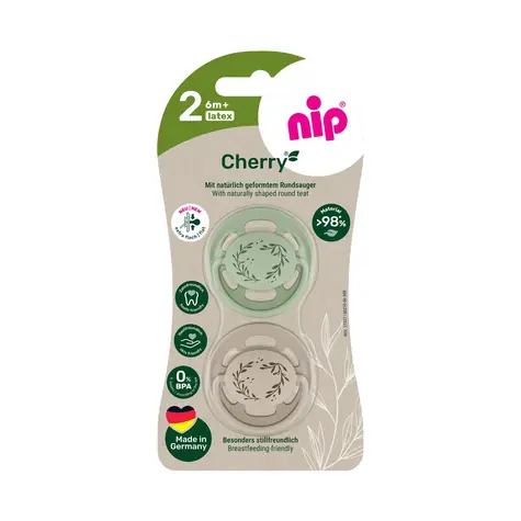 NIP CHERRY NATURE line Šidítko kaučuk velikost 2 (6m+) zelená/hnědá 2ks 