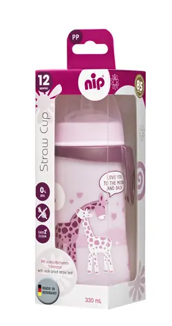 NIP Straw cup láhev s brčkem PP 330ml růžová / od 12 měsíců 