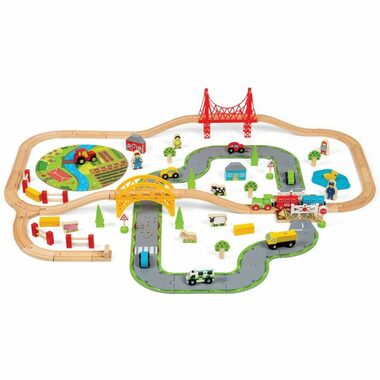 Bigjigs Rail Dřevěná vláčkodráha s venkovskou cestou 80 dílů / od 3 let