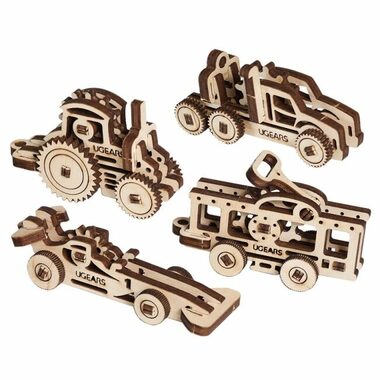 Ugears 3D dřevěné mechanické puzzle 4 mechanické přívěšky Vozidla / od 5 let / 62 dílků / Obtížnost: nízká
