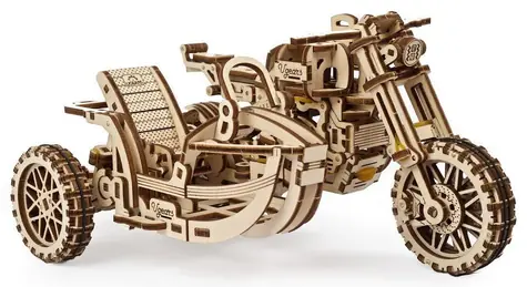 Ugears 3D dřevěné mechanické puzzle UGR-10 Motorka (scrambler) s vozíkem / od 14 let / 380 dílků / Obtížnost: střední