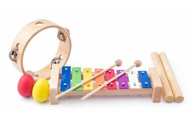 Woody Muzikální set ( xylofon, tamburína, dřívka, 2 maracas vajíčka ) / od 3 let