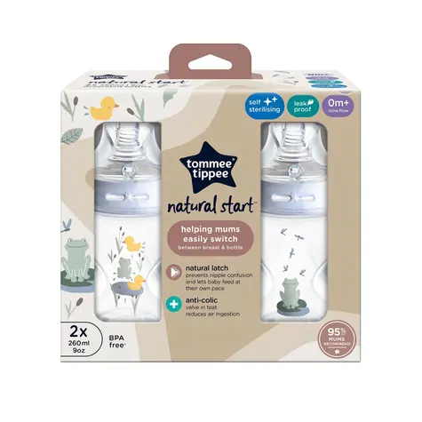 Tommee Tippee Natural Start samosterilizační kojenecká lahev s ANTI-COLIC savičkou, pomalý průtok, 260 ml, 0m+, 2 ks