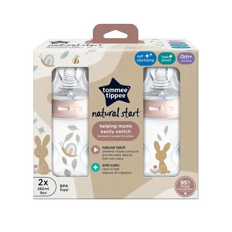 Tommee Tippee Natural Start samosterilizační kojenecká lahev s ANTI-COLIC savičkou, pomalý průtok, 260 ml, 0m+, 2 ks