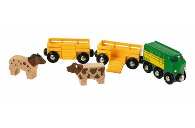 BRIO Zemědělský vlak pro přepravu zvířat se 2 vagónky & krávou & koněm  / od 3 let