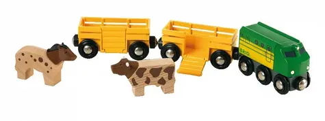 BRIO Zemědělský vlak pro přepravu zvířat se 2 vagónky & krávou & koněm  / od 3 let