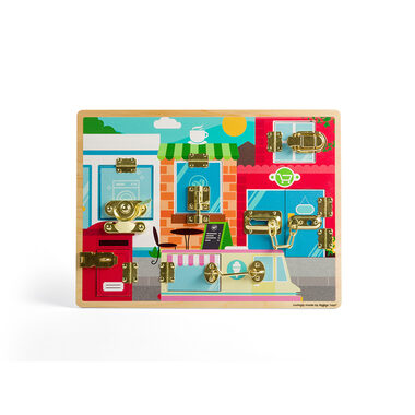 Bigjigs Toys Dřevěná motorická deska západky a zámky / od 2 let