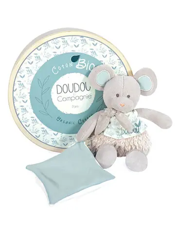Doudou Dárková sada - Plyšová myška s dečkou z BIO bavlny 22 cm / od 0 let