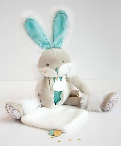 Doudou Dárková sada - Plyšový zajíček s dečkou 31 cm tyrkysový / od 0 let