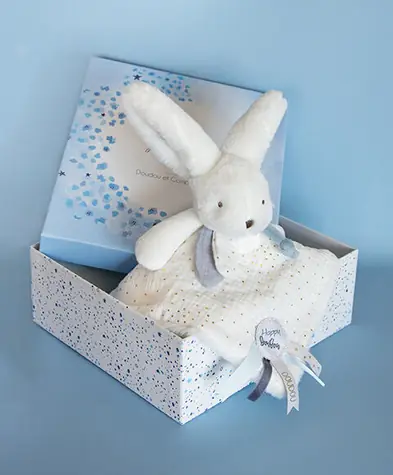 Doudou Dárková sada modrá - králíček s čtvercovou dečkou 25 cm / od 0 let