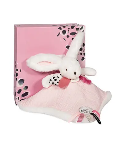 Doudou Dárková sada růžová - králíček s čtvercovou dečkou 25 cm / od 0 let