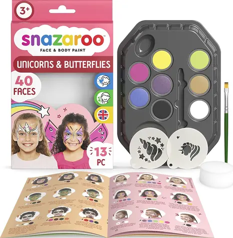 SNAZAROO Sada 8 barev na obličej a tělo s šablonami Jednorožci a motýli / od 3 let 