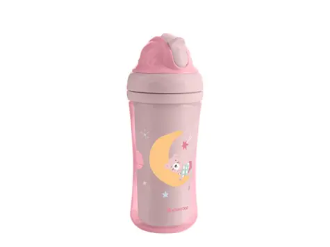 KikkaBoo Hrnek se silikonovým brčkem 220ml 8m+ Moony me Pink / od 8 měsíců