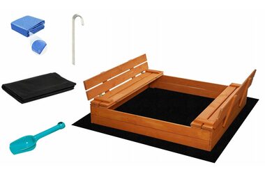 SAND TROPIC Dřevěné pískoviště s lavičkami a příslušenstvím 120x120cm (impregnované) / od 6 měsíců