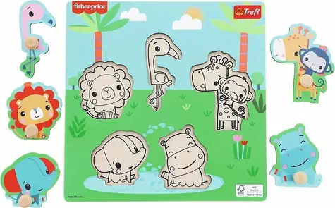 Trefl - Vkládačka - Dřevěná vkládačka Fisher Price: Zábava v divočině / věk 18 měsíců+