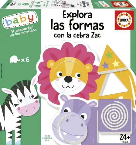 EDUCA Baby vkládačka Prozkoumej tvary se zebrou Zakem / 6x2 dílky / od 2 let