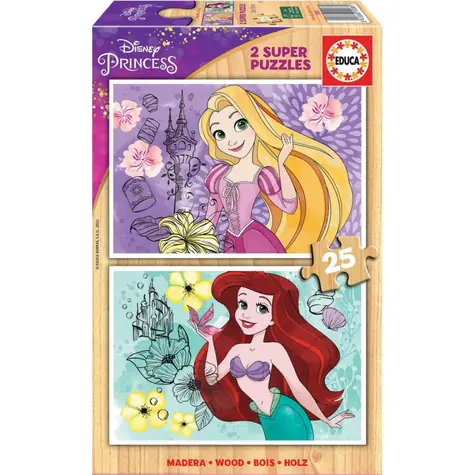 EDUCA Dřevěné puzzle Disney princezny: Locika a Ariel / 2x25 dílků / od 3 let