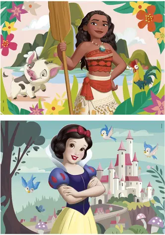 EDUCA Dřevěné puzzle Disney princezny: Vaiana a Sněhurka / 2x50 dílků / od 4 let