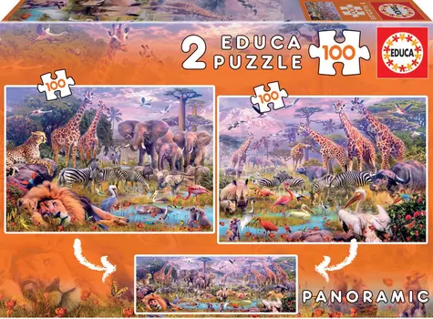 EDUCA Puzzle Panorama Divoká zvířata / 2x100 dílků / od 6 let