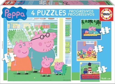 EDUCA Puzzle Prasátko Pepina 4v1 / (6 & 9 & 12 & 16 dílků) / od 3 let