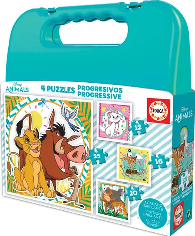 EDUCA Puzzle v kufříku Disney zvířátka 4v1 / (12 & 16 & 20 & 25 dílků) / od 3 let