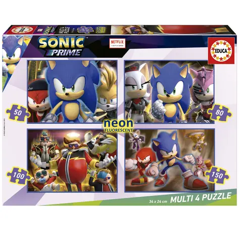 EDUCA Svítící puzzle Sonic Prime 4v1 / (50 & 80 & 100 & 150 dílků) / od 5 let