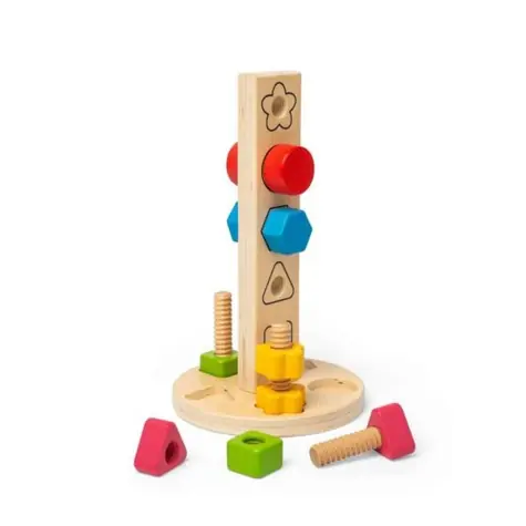 Bigjigs Toys Dřevěná věž s maticemi a šrouby / od 12 měsíců