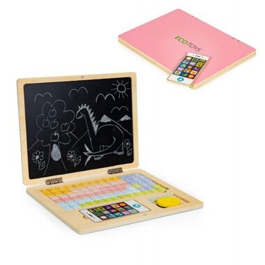 ECOTOYS Dřevěný notebook s magnetickým monitorem - růžová / od 3 let