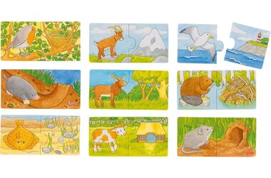 GOKI Dřevěné puzzle dvojice Zvířátka a jejich domov 9x2 dílků / od 2 let