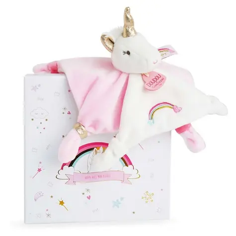 Doudou Dárková sada - plyšový muchláček jednorožec růžový 20 cm / od 0 měsíců
