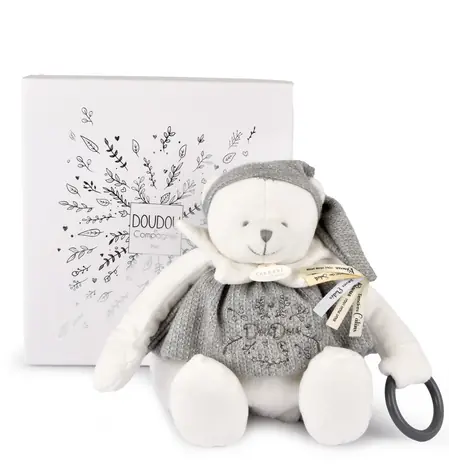 Doudou Dárková sada Plyšový lední medvídek s kroužkem 30 cm šedý / od 0 měsíců