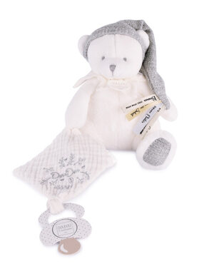 Doudou Dárková sada Plyšový medvídek s úchytem na dudlík a dečkou šedý 20 cm / od 0 měsíců