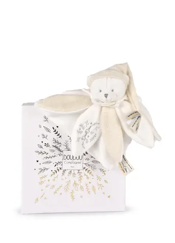 Doudou Dárková sada Plyšový muchláček medvídek s čepičkou 25 cm béžový / od 0 měsíců