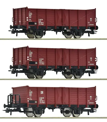 Roco 6600146 3dílná sada otevřených nákladních vozů DR / Měřítko:H0 (1:87) / Délka: 323 mm / 15 let 