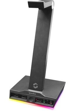 EXCELLO Illuminated Headset Stand černá / stojánek na sluchátka / 3x USB-A 2.0 / 2x 3.5mm Jack / RGB