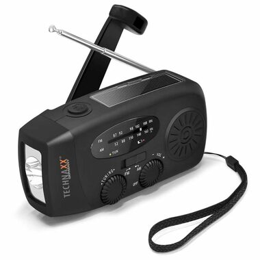 Technaxx TX-238 Ruční solární rádio, černá / AM/FM / LED Svítilna / USB-A výstup / solární panel