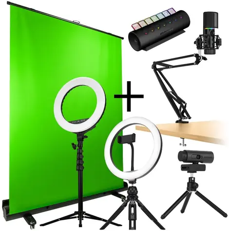 Streamplify Streaming Komplett-Bundle V2 / Streamovací sada / Greenscreen / 2x LED světlo / mikrofon / kamera / Hub CTRL