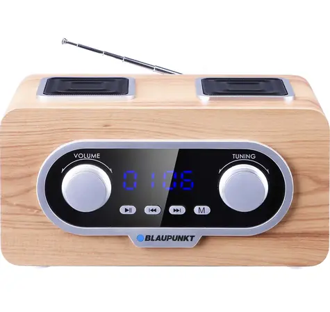 BLAUPUNKT PP 5.2CR dřevo / Přenosné rádio / FM / AUX / hodiny / dálkový ovladač / 3-4 hodiny provozu