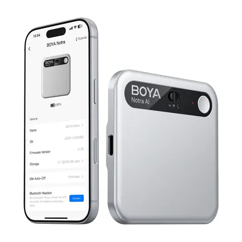 BOYA Notra stříbrná / Zvukový záznamník s AI překladačem / 64GB / 24h / BT / Wi-Fi / USB-C