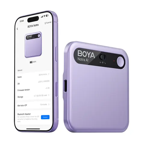 BOYA Notra fialová / Zvukový záznamník s AI překladačem / 64GB / 24h / BT / Wi-Fi / USB-C