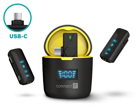 CONNECT IT ClipMic Pro USB-C Sada 2 ks bezdrátových mikrofonů s USB-C přijímačem černá / dosah 20 m / výdrž 5 h