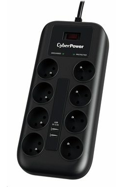 CyberPower P0820SUF0-FR černá / Přepěťová ochrana / 8 zásuvek / vypínač / 2x USB / 1.8 m
