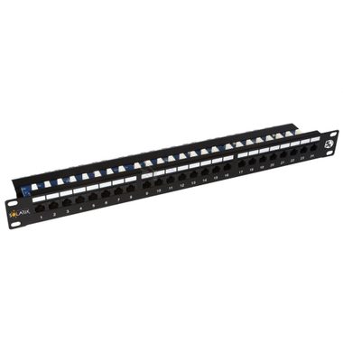 Solarix SX24L-5E-UTP-BK patch panel 24x RJ45 CAT5E UTP s vyvazovací lištou / 1U / černá