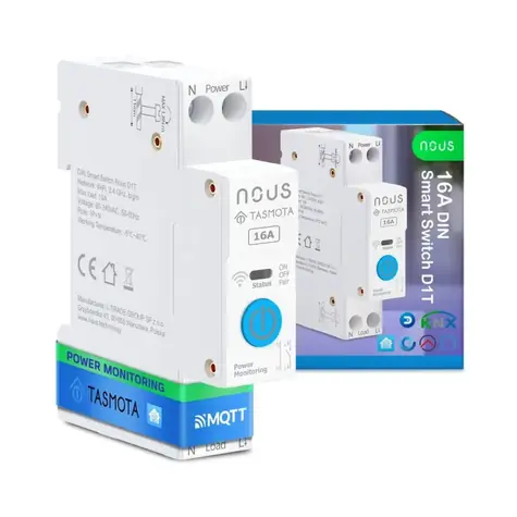 Nous D1T DIN Smart Spínací Modul 16A s Tasmota firmwarem / 1 kanál / s měřením spotřeby / ESP32