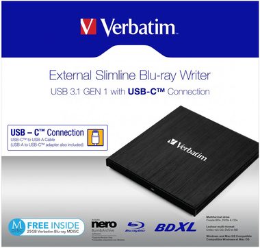 VERBATIM Slimline černá /  Blu-ray + DVD externí vypalovačka / USB 3.1 Gen. 1 / USB-C