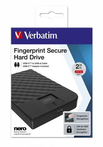 Verbatim Fingerprint Secure HDD 2TB černá / Externí HDD / 2.5" SATA / USB-C 3.1 Gen 1 / otisk prstu / šifrování