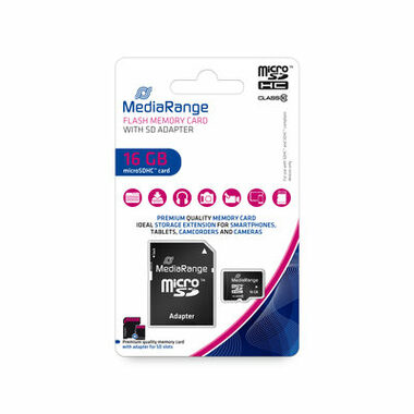 MediaRange microSDHC 16GB + SD adaptér / Class 10 / R: 45MBs / W: 12 MBs 